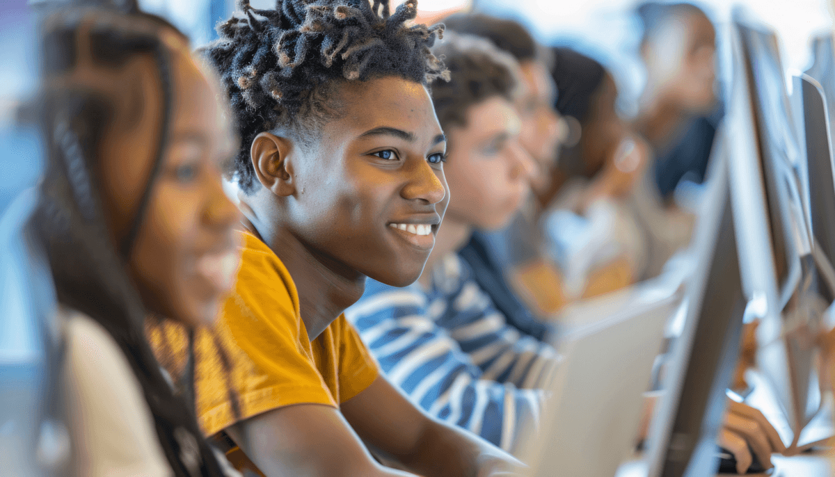 Student coding in classroom